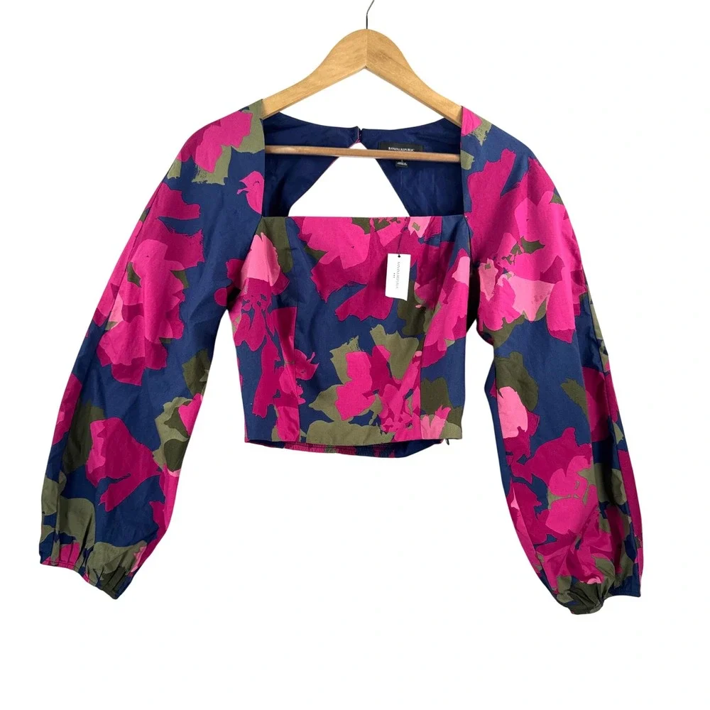 Banana Republic Crop Croset Top sz S Pink Floral Puff Sleeve Open Back boho